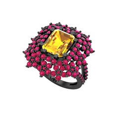 Prenses Kesim Çiçek Yüzük - Sitrin ve rodolit garnet 925 ayar siyah rodyum kaplama gümüş yüzük #qbscj6
