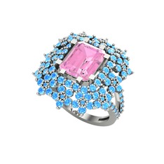 Prenses Kesim Çiçek Yüzük - Pembe kuvars ve akuamarin 14 ayar beyaz altın yüzük #qnr6cr