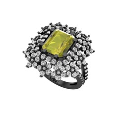 Prenses Kesim Çiçek Yüzük - Peridot ve beyaz zirkon 925 ayar siyah rodyum kaplama gümüş yüzük #r57qzr
