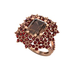 Prenses Kesim Çiçek Yüzük - Dumanlı kuvars ve garnet 8 ayar rose altın yüzük #rb06ai