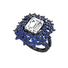 Prenses Kesim Çiçek Yüzük - Swarovski ve lab safir 925 ayar siyah rodyum kaplama gümüş yüzük #srgo49