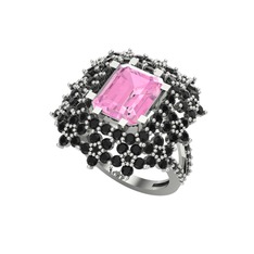 Pembe kuvars ve siyah zirkon 8 ayar beyaz altın yüzük