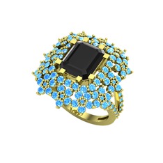 Prenses Kesim Çiçek Yüzük - Siyah zirkon ve akuamarin 8 ayar altın yüzük #vhbki