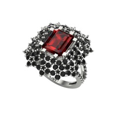 Garnet ve siyah zirkon 8 ayar beyaz altın yüzük