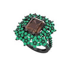 Prenses Kesim Çiçek Yüzük - Dumanlı kuvars ve kök zümrüt 925 ayar siyah rodyum kaplama gümüş yüzük #wo59wa