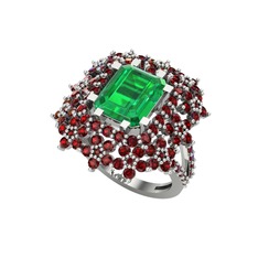 Prenses Kesim Çiçek Yüzük - Yeşil kuvars ve garnet 8 ayar beyaz altın yüzük #ydg74d