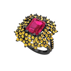 Prenses Kesim Çiçek Yüzük - Rodolit garnet ve sitrin 925 ayar siyah rodyum kaplama gümüş yüzük #yds75n