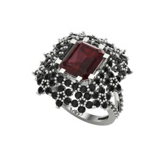 Prenses Kesim Çiçek Yüzük - Kök yakut ve siyah zirkon 18 ayar beyaz altın yüzük #zl8ay9