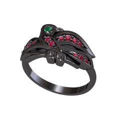 Yavru Martı Yüzük - Yeşil kuvars ve rodolit garnet 925 ayar siyah rodyum kaplama gümüş yüzük #1743dz8