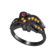 Yavru Martı Yüzük - Rodolit garnet ve sitrin 925 ayar siyah rodyum kaplama gümüş yüzük #1n1iafm