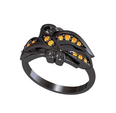 Yavru Martı Yüzük - Siyah zirkon ve sitrin 925 ayar siyah rodyum kaplama gümüş yüzük #1pa0aus