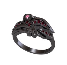 Yavru Martı Yüzük - Pembe kuvars ve kök yakut 925 ayar siyah rodyum kaplama gümüş yüzük #1xxdp2