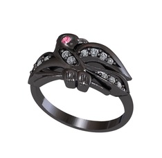 Yavru Martı Yüzük - Pembe kuvars ve pırlanta 925 ayar siyah rodyum kaplama gümüş yüzük (0.195 karat) #t81huv