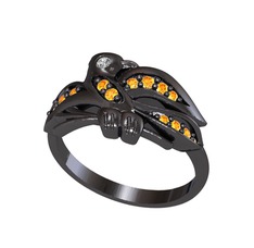 Swarovski ve sitrin 925 ayar siyah rodyum kaplama gümüş yüzük