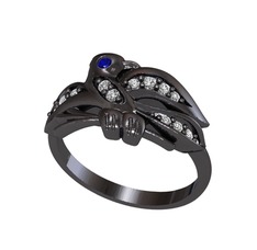 Lab safir ve swarovski 925 ayar siyah rodyum kaplama gümüş yüzük