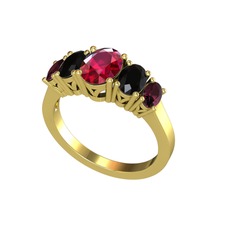 Oval 5 Taşlı Yüzük - Rodolit garnet, siyah zirkon ve kök yakut 18 ayar altın yüzük #100mq0b