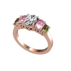 Beyaz zirkon, pembe kuvars ve peridot 8 ayar rose altın yüzük