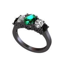 Oval 5 Taşlı Yüzük - Yeşil kuvars, swarovski ve siyah zirkon 925 ayar siyah rodyum kaplama gümüş yüzük #10d0cdr