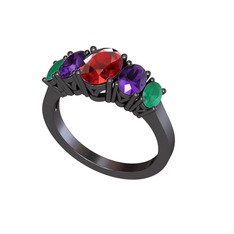 Oval 5 Taşlı Yüzük - Garnet, ametist ve kök zümrüt 925 ayar siyah rodyum kaplama gümüş yüzük #10i4tu8