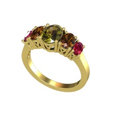 Peridot, dumanlı kuvars ve rodolit garnet 18 ayar altın yüzük