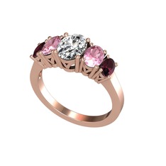 Beyaz zirkon, pembe kuvars ve kök yakut 18 ayar rose altın yüzük