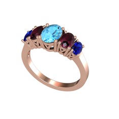 Oval 5 Taşlı Yüzük - Akuamarin, kök yakut ve lab safir 18 ayar rose altın yüzük #113lx9m