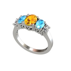 Oval 5 Taşlı Yüzük - Sitrin, akuamarin ve swarovski 8 ayar beyaz altın yüzük #116qtqt