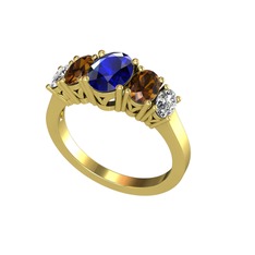 Lab safir, dumanlı kuvars ve swarovski 14 ayar altın yüzük