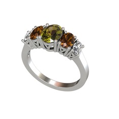Peridot, dumanlı kuvars ve swarovski 8 ayar beyaz altın yüzük