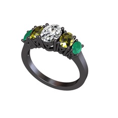 Oval 5 Taşlı Yüzük - Swarovski, peridot ve kök zümrüt 925 ayar siyah rodyum kaplama gümüş yüzük #11p69uj