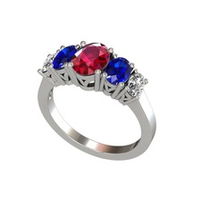 Oval 5 Taşlı Yüzük - Rodolit garnet, lab safir ve swarovski 14 ayar beyaz altın yüzük #11sh2vq
