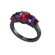 Rodolit garnet, ametist ve kök yakut 925 ayar siyah rodyum kaplama gümüş yüzük