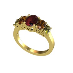 Kök yakut, dumanlı kuvars ve peridot 8 ayar altın yüzük