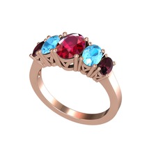 Oval 5 Taşlı Yüzük - Rodolit garnet, akuamarin ve kök yakut 18 ayar rose altın yüzük #123nhyp
