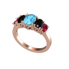 Oval 5 Taşlı Yüzük - Akuamarin, siyah zirkon ve rodolit garnet 14 ayar rose altın yüzük #12duja1