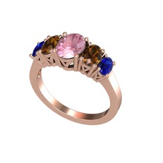 Oval 5 Taşlı Yüzük - Pembe kuvars, dumanlı kuvars ve lab safir 18 ayar rose altın yüzük #130c8k