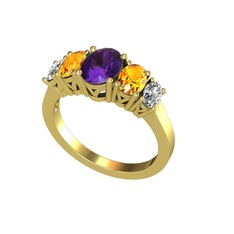 Oval 5 Taşlı Yüzük - Ametist, sitrin ve swarovski 14 ayar altın yüzük #137c03s