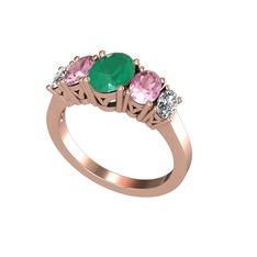Oval 5 Taşlı Yüzük - Kök zümrüt, pembe kuvars ve swarovski 8 ayar rose altın yüzük #13dakec