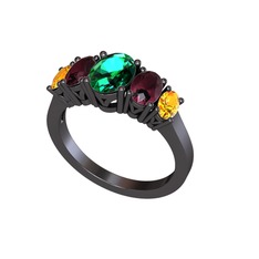 Oval 5 Taşlı Yüzük - Yeşil kuvars, kök yakut ve sitrin 925 ayar siyah rodyum kaplama gümüş yüzük #13eeqr8