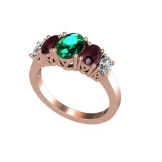 Oval 5 Taşlı Yüzük - Yeşil kuvars, kök yakut ve swarovski 14 ayar rose altın yüzük #13me74t