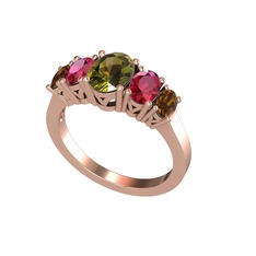 Oval 5 Taşlı Yüzük - Peridot, rodolit garnet ve dumanlı kuvars 925 ayar rose altın kaplama gümüş yüzük #1473pmf
