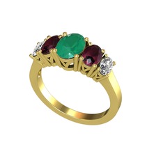 Oval 5 Taşlı Yüzük - Kök zümrüt, kök yakut ve swarovski 14 ayar altın yüzük #1504e93