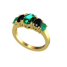 Oval 5 Taşlı Yüzük - Yeşil kuvars, siyah zirkon ve kök zümrüt 14 ayar altın yüzük #155mmdg