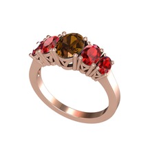 Oval 5 Taşlı Yüzük - Dumanlı kuvars ve garnet 8 ayar rose altın yüzük #159dwty