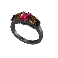 Oval 5 Taşlı Yüzük - Rodolit garnet, dumanlı kuvars ve siyah zirkon 925 ayar siyah rodyum kaplama gümüş yüzük #15gzxj3