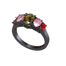 Peridot, pembe kuvars ve garnet 925 ayar siyah rodyum kaplama gümüş yüzük