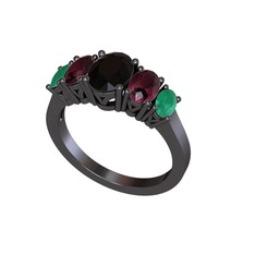 Oval 5 Taşlı Yüzük - Siyah zirkon, kök yakut ve kök zümrüt 925 ayar siyah rodyum kaplama gümüş yüzük #15oq6t9