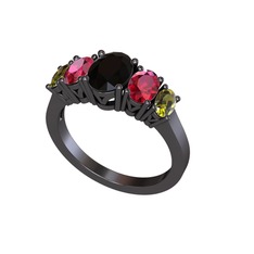 Oval 5 Taşlı Yüzük - Siyah zirkon, rodolit garnet ve peridot 925 ayar siyah rodyum kaplama gümüş yüzük #16x23cl