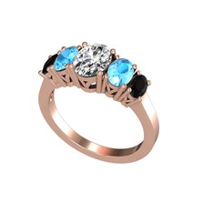 Oval 5 Taşlı Yüzük - Swarovski, akuamarin ve siyah zirkon 18 ayar rose altın yüzük #170s12j