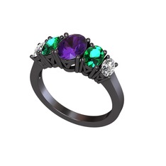 Oval 5 Taşlı Yüzük - Ametist, yeşil kuvars ve swarovski 925 ayar siyah rodyum kaplama gümüş yüzük #17pzcpp